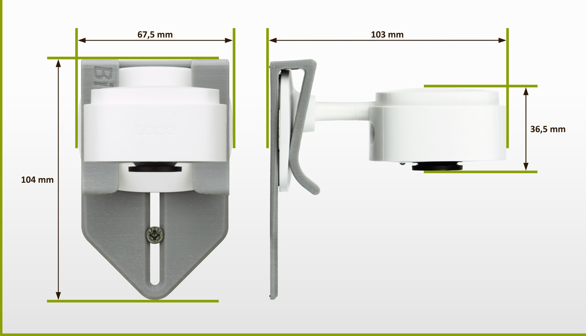 Verzeichnung der Maße des TIKA Nistkasten-Kamera-Sets mit Klammera Kamera-Halterung mit eingesetzter Kamera Tapo C110 in Vorderansicht und Seitenansicht